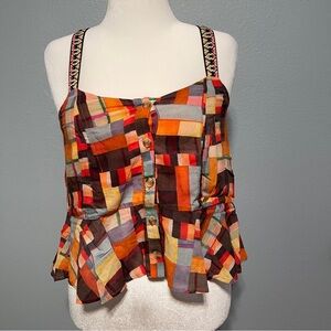 Pilcro Anthropologie Patchwork‎ Apron Tank Button Front Adjustable Straps Size S